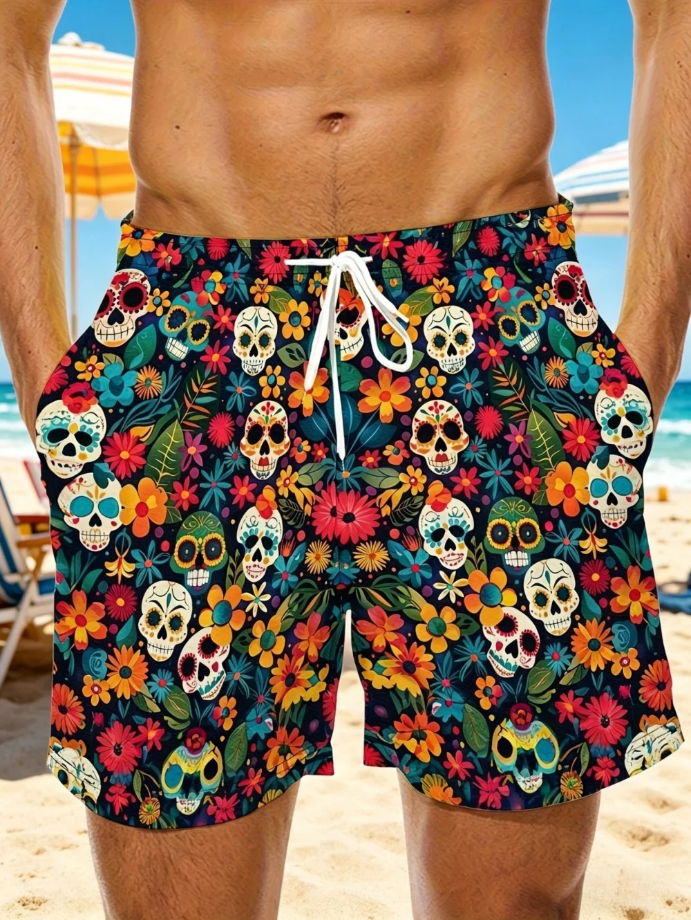 Summer New Men's Casual Shorts Skull Flower Graphic 3D Printed Fashion Shorts Men Quick-Dry Vacation Hawaiian Style Beach Shorts