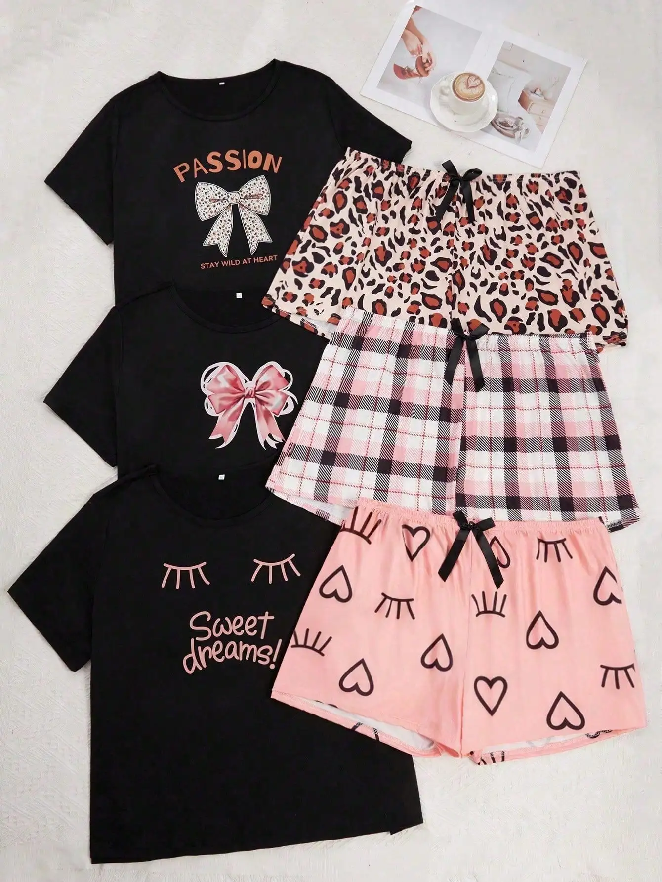 

Женский комплект пижамы из 3 предметов с коротким рукавом, с принтом в виде бантиков, сердечек и леопардовым принтом