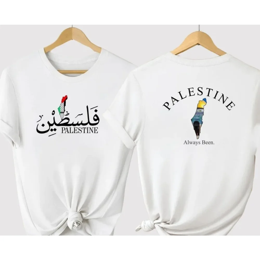 2025 فلسطين العربية اسم الرجال النساء تي شيرت القطعة مسجد خريطة طباعة Crewneck القطن المحملة للجنسين الشارع الشهير ملابس علوية غير رسمية