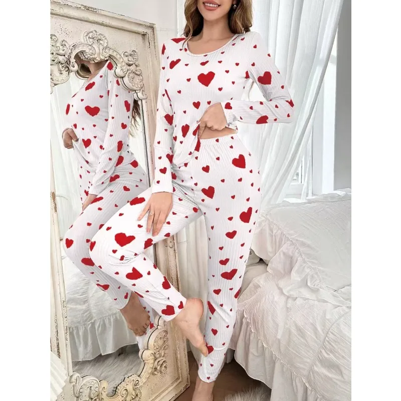 2pcs Set Heart-shaped Printed Pajama Sets, Home Wear Sets, Home Wear That Can Be Worn Outside, Soft and Comfortable.