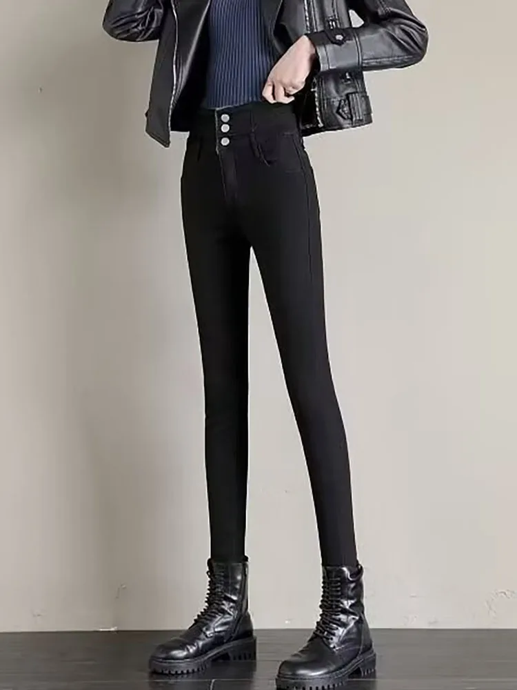 Vaqueros gruesos de terciopelo Vintage para mujer, Vaqueros elásticos informales de cintura alta, pantalones vaqueros ajustados hasta el tobillo a la moda cálidos