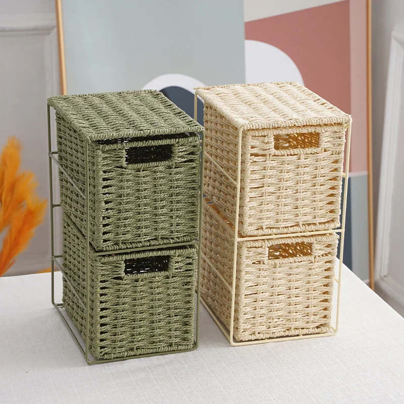 Rattan Woven Storage Basket Double Layer Drawer Creative Nordic Compartment Living Room Cabinet