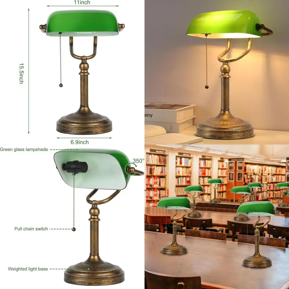 

Винтажная настольная лампа с зеленым стеклянным абажуром и переключателем на цепочке, золотой и зеленый настольный светильник в стиле ретро для домашнего офиса