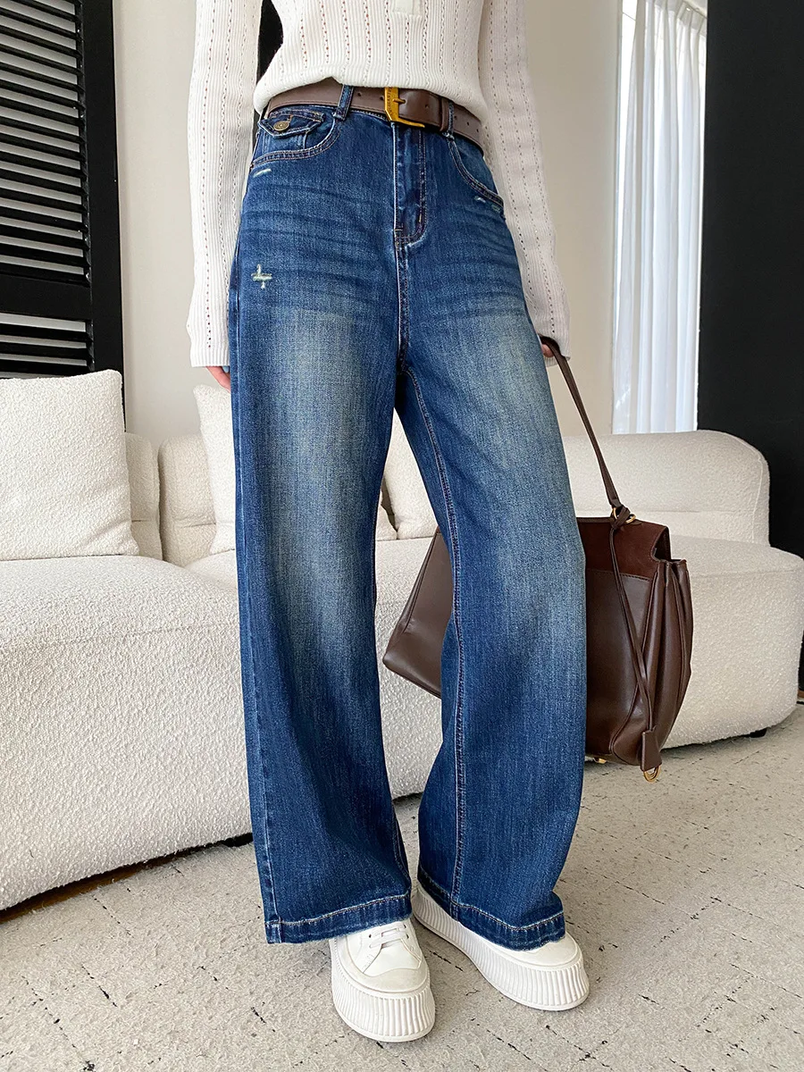 Autumn women's solid color fashionable worn out vintage feeling high waist wide leg straight leg jeans with belt included