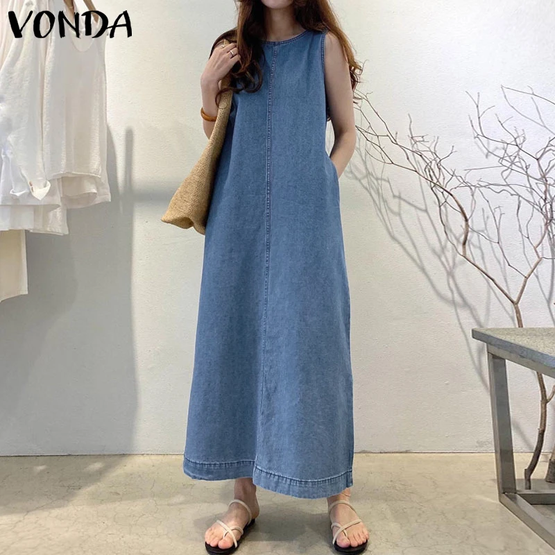 Sommer Vestidos VONDA 2025, Frauen Maxi Denim Kleid Solide Sommerkleid Plissee Vestido Lose Ärmel A-Line Casual Robe Übergroßen