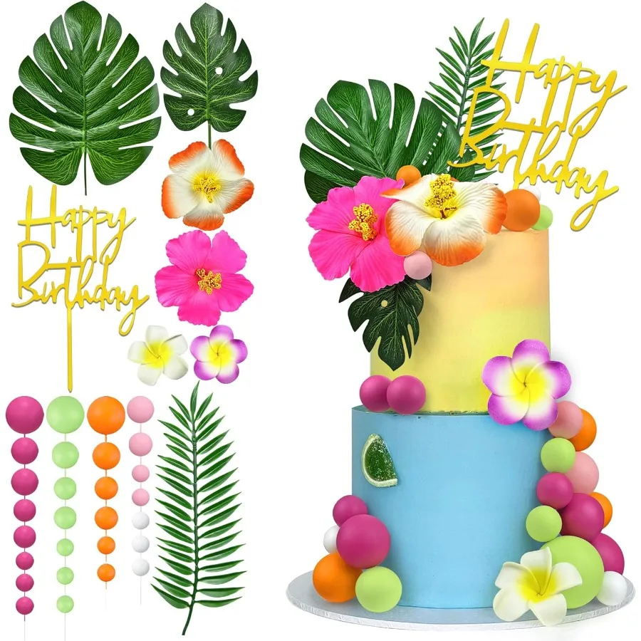 

36 шт., топпер для торта с гавайскими цветами и пальмовыми листьями и летними цветами, подходит для украшения торта на день рождения в летнюю тематику, роза