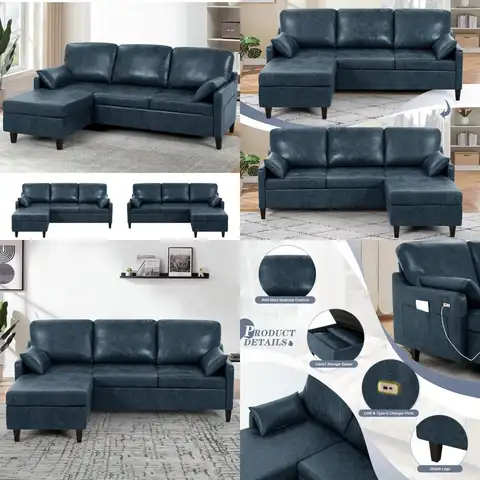 Sofá seccional de cuero de ante en forma de L de lujo de 76 pulgadas con chaise reversible, puertos de carga USB y bolsa de almacenamiento, Mo convertible