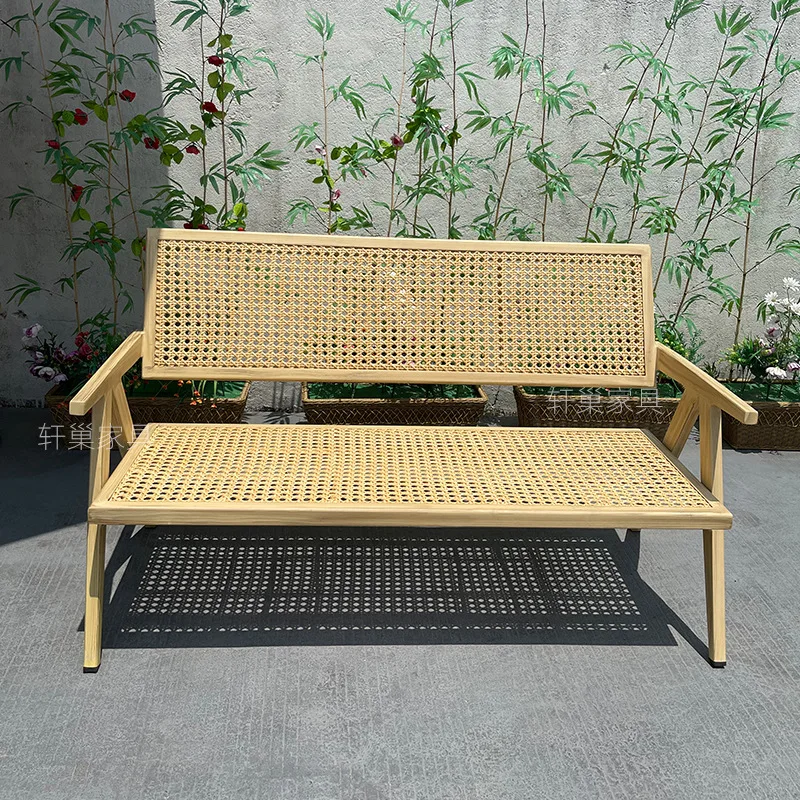 Wood colored aluminum alloy outdoor leisure sofa, single and double person courtyard balcony, rattan chair