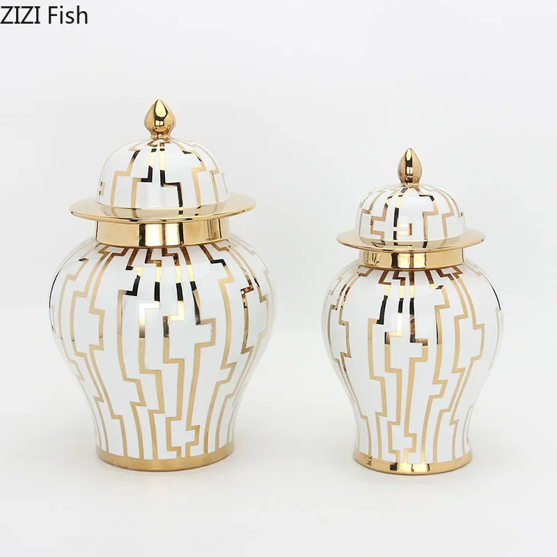 Gold-plated Geometric Lines Ceramic General Jar with Lids Cosmetic Containers Artificial Flowers Decorative Flower Arrangement