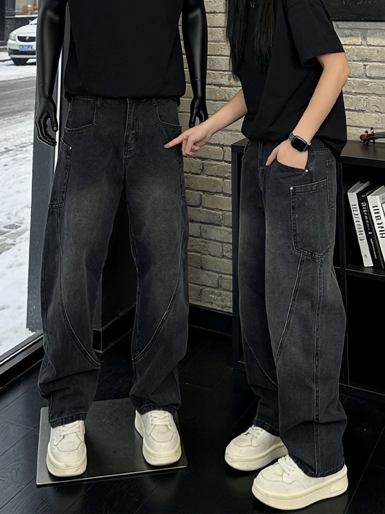 

Черные мужские джинсы Slim Fit со средней посадкой, в американском стиле, зимние, с высокой талией, из эластичного денима, молодежные, трендовые, свободного кроя