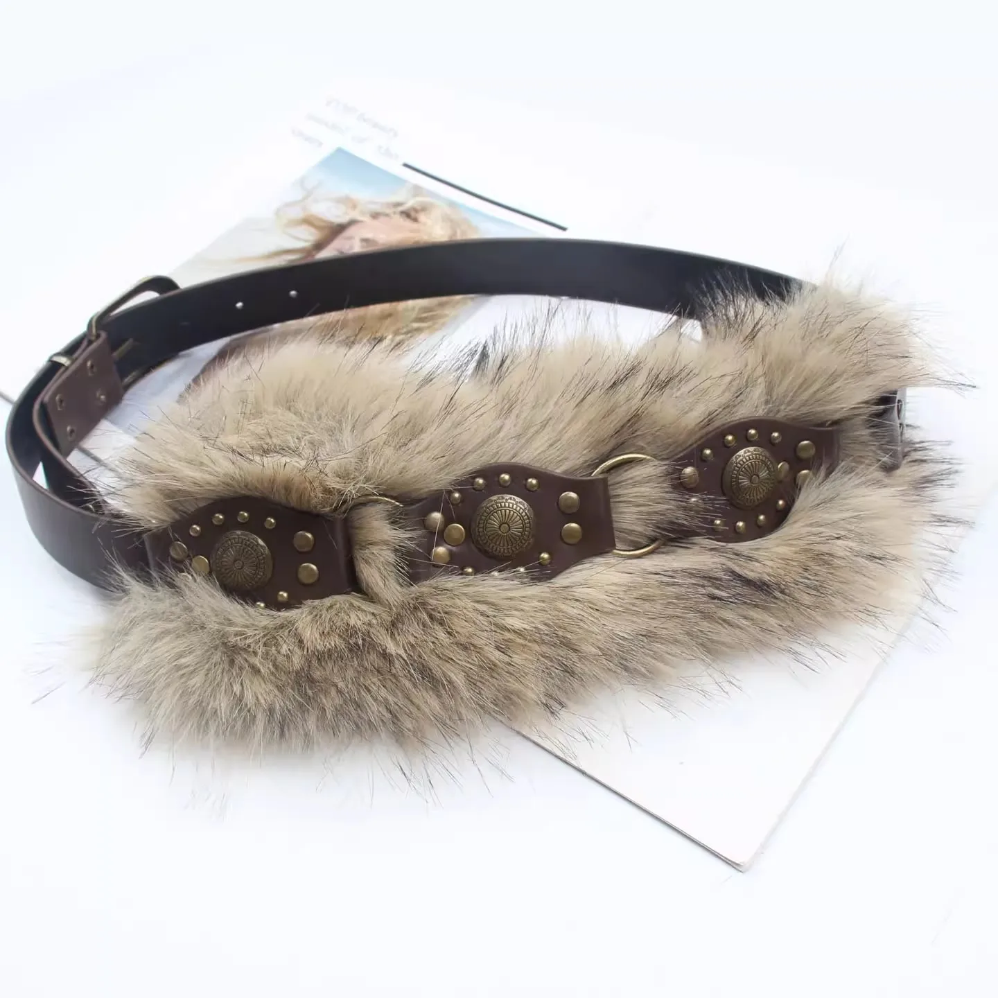 Women's Faux Fur PU Leather Corset Female Cummerbund Coat Waistband Dress Decration Wide Belt J1577