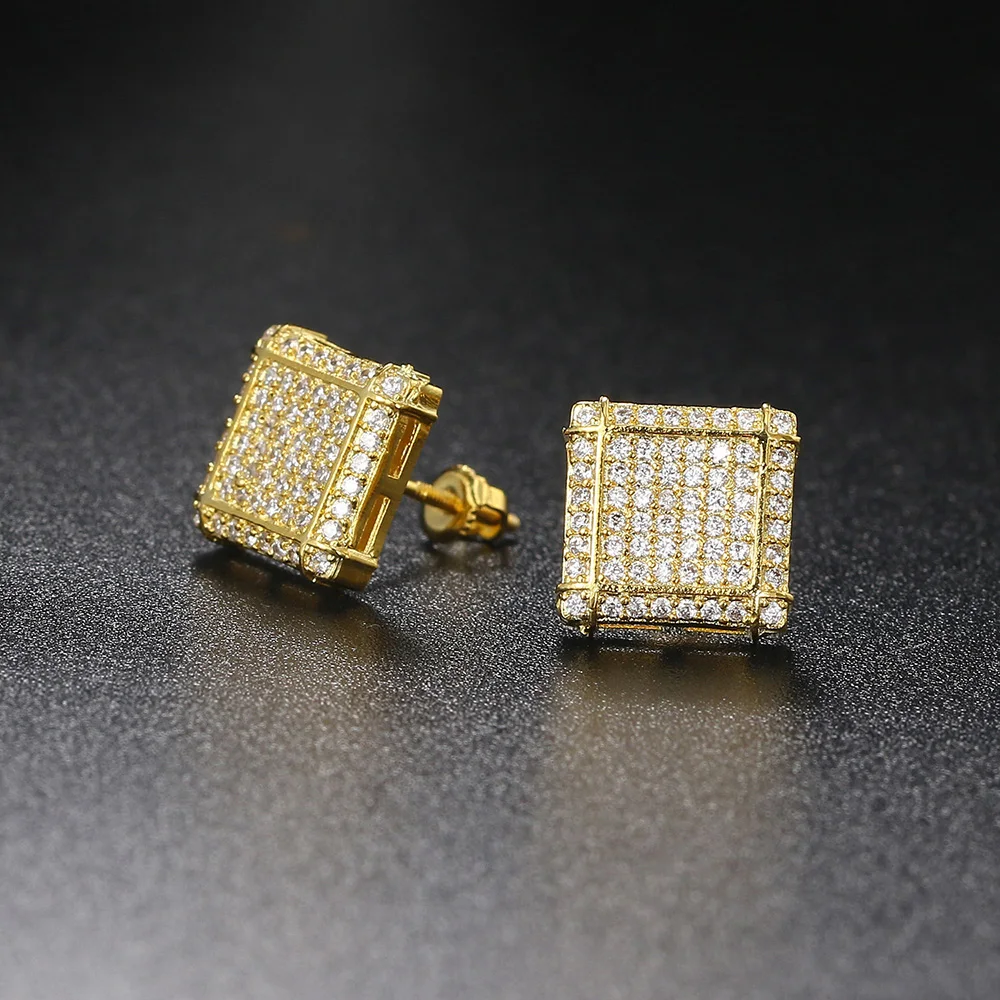 Gold Color Iced Out Mens Earrings Hip Hop Rock Crystal Threaded Studs for Women Luxury Punk Accessories Hippie Jewelry OHE030