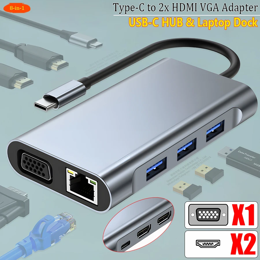 

Док-станция 8-в-1 USB C Hub с двумя адаптерами HDMI 4K VGA RJ45 USB PD для ноутбуков (MacBook Air/Pro M4 M3 M2 M1 USB HUB)