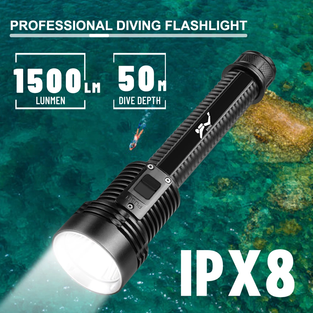 D313 T40 LED Diving Professional Flashlight 1500LM 3 Modes IPX8 Waterproof Underwater Light 50M Torch Dive Lantern Lamp