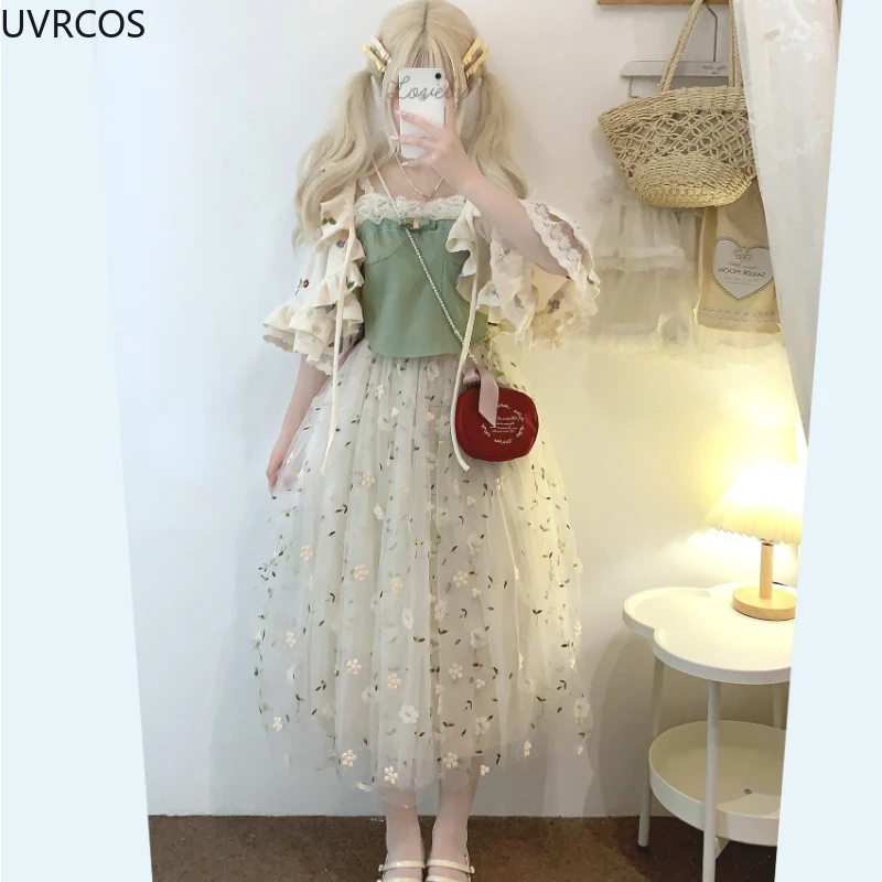 Kawaii Leuke Lolita Stijl Korte Vest Vrouwen Zoete Bloem Ruches Lace-ups Gebreide Jas Koreaanse Fashion Casual Crop Mantel tops