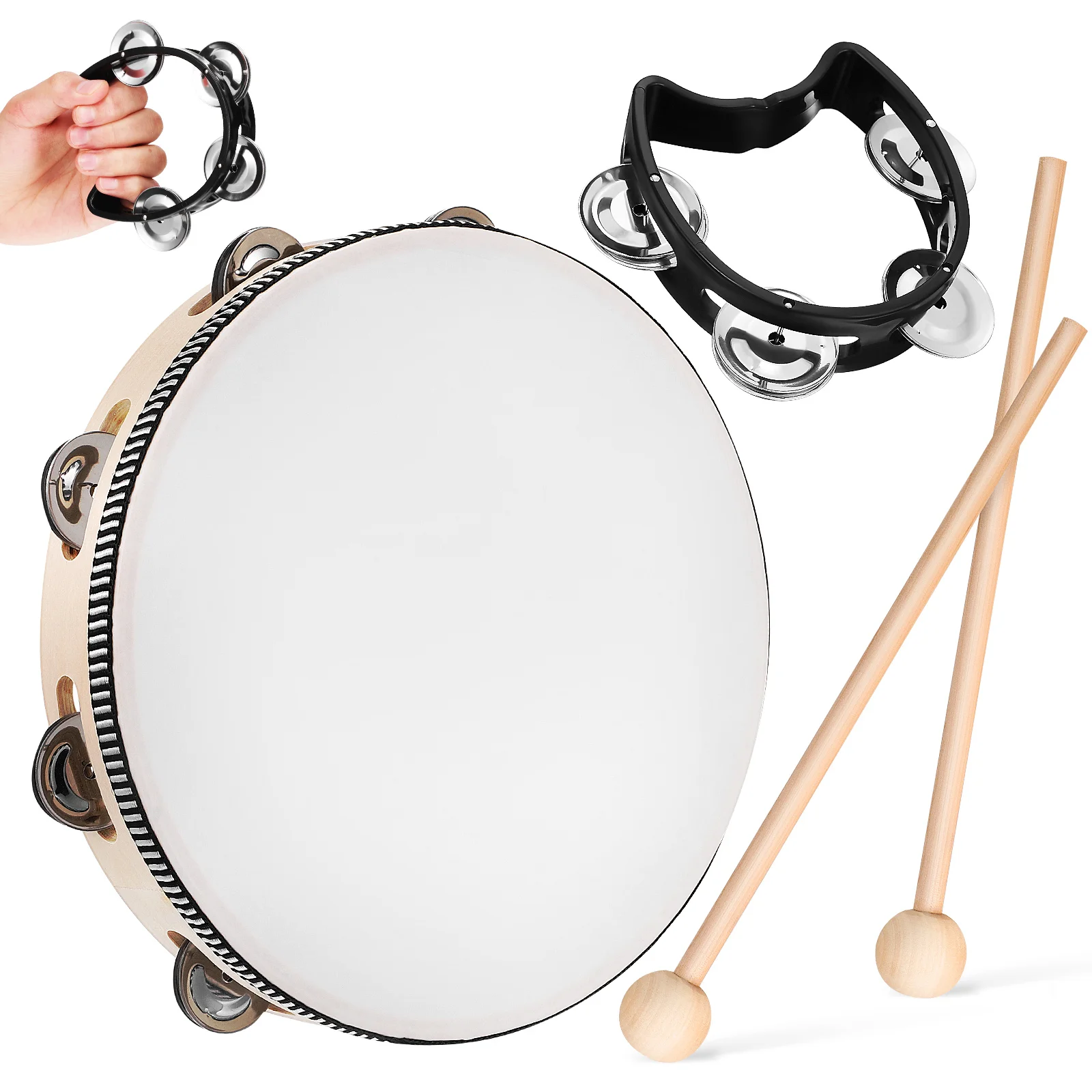 

Tambourines for Adults 10-inch Transparent Wave Drum + Black Rubber Head Stick Set Single Row Percussion Child