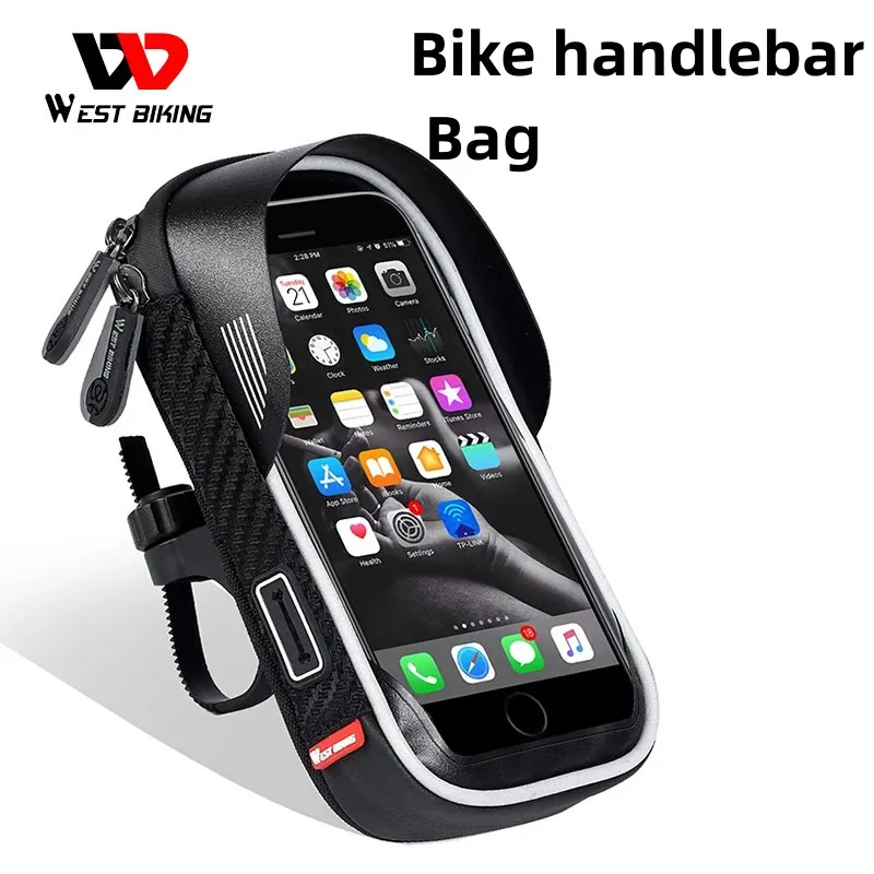 WEST BIKING Waterproof Bicycle Front Bag Mobile Phone handlebar Mount Bag For 6.5 inch iPhone Samsung Phone Mount Cycling Bag