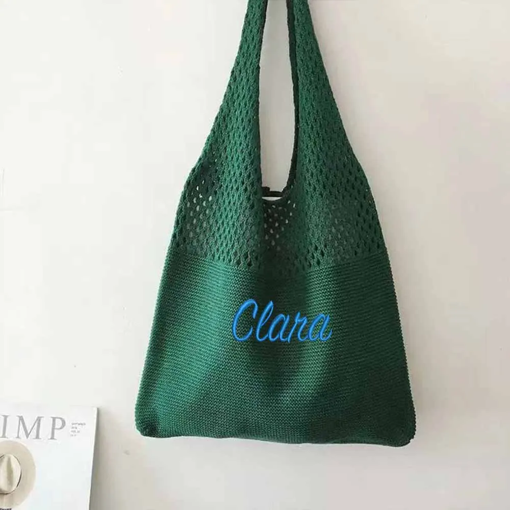 Personalized Name Knitted Fashion Simple Tote Bag Customized Retro Hollowed Out Shoulder Bag Women's Handbag Wool Shopping Bags