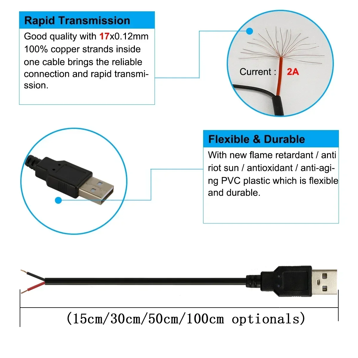 USB 2.0 Male Plug 2pin Bare Wire USB Power Cable DIY Pigtail Cable For USB Equipment Installed DIY Replace Repair Small Fans