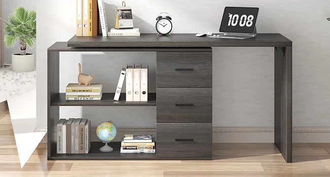 HSH L Shaped Computer Desk with Drawers, L Shaped Desk with Storage Cabinet Shelves