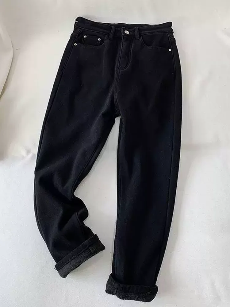 Vintage High Waisted Thick Denim Pants Women's Casual Streetwear Ankle-length Jeans Plush Straight Retro Fashion Harem Vaqueros