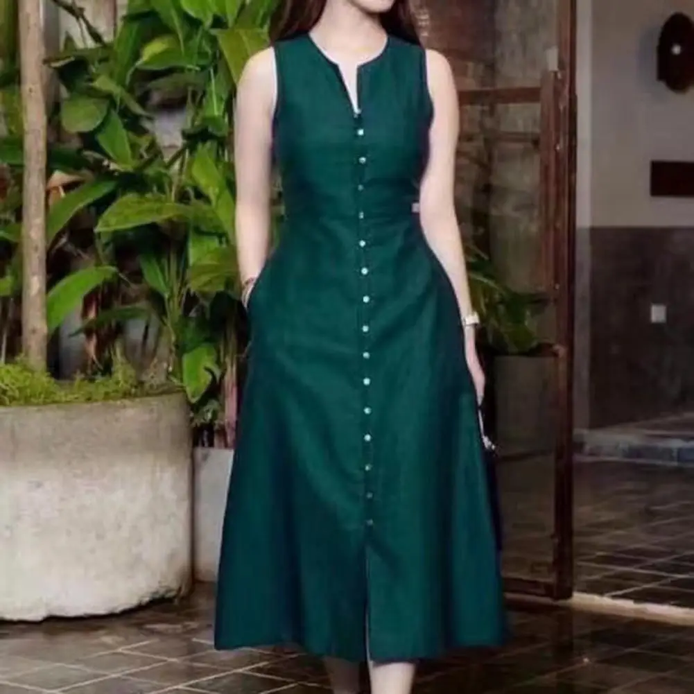 

Slim-fitting Bust Design Dress V Neck A-line Midi Dress with Pockets Buttons for Women Solid Color Tight Waist Lady Summer Dress