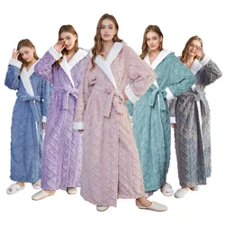 Autumn Winter Soft Sleepwear Extended Hooded Nightgown Women's Jacquard Flannel Pyjamas Thicker Warm Ladies Night Clothes