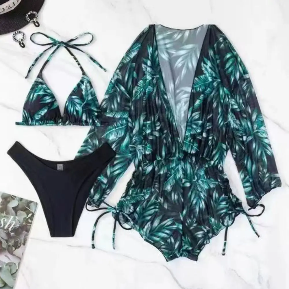 3 Pieces Set Bikini Sets Halter Neck Strap Drawstring Side Long Sleeve Bathing Suit Flower Print Women's Bathing Set Girl