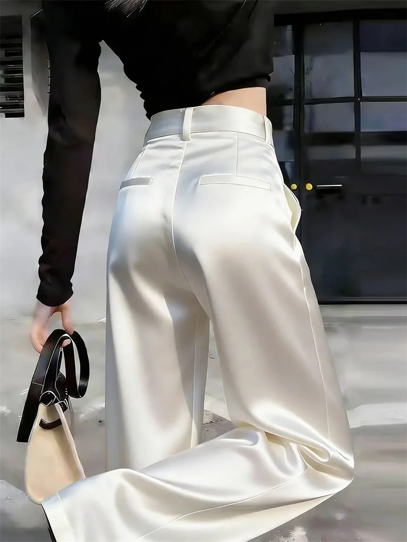 Women Solid Color Acetate Satin Wide Leg Pantalons Korean Lady Fashion Casual Trousers Summer Femme High Waist Straight Leg Pant