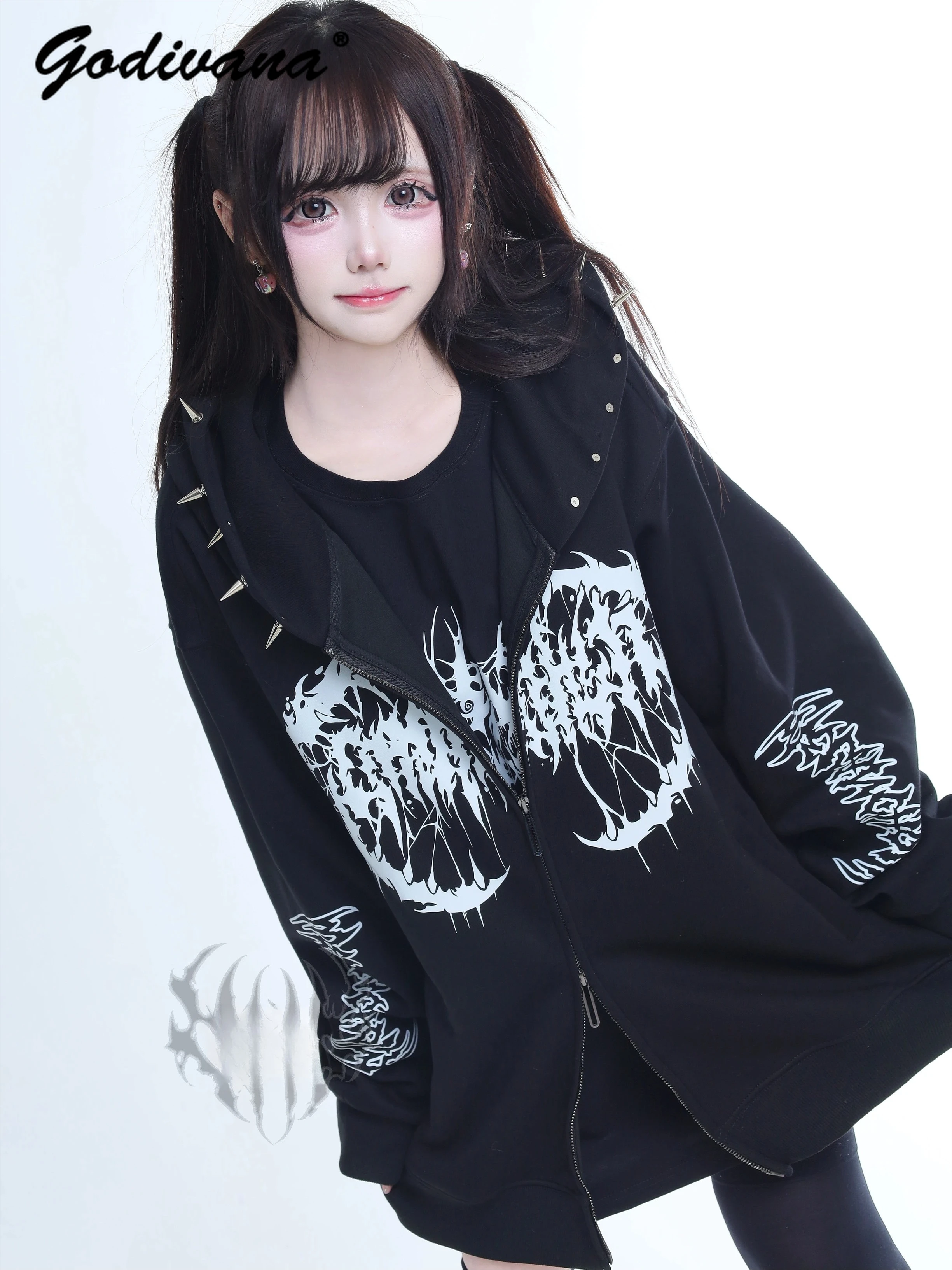 

Harajuku Gothic Dark Printed Cool Rivet Zipper Hoodie Coat Women Students Subculture Punk Style Hooded Black Jacket