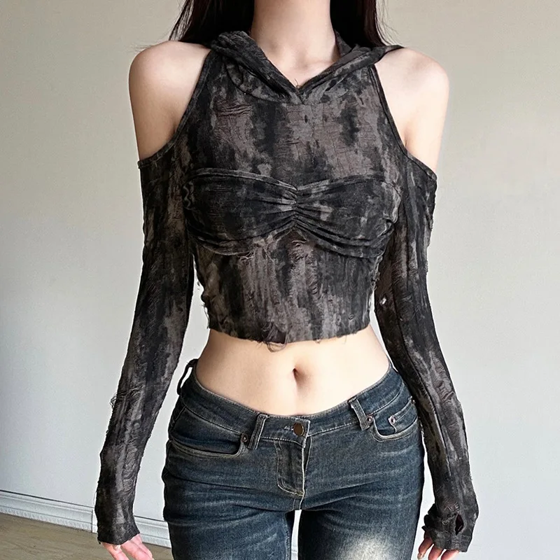 

Waste earth and ragged style sexy style off shoulder long sleeved hooded T-shirt for women pleated chest exposed navel short top