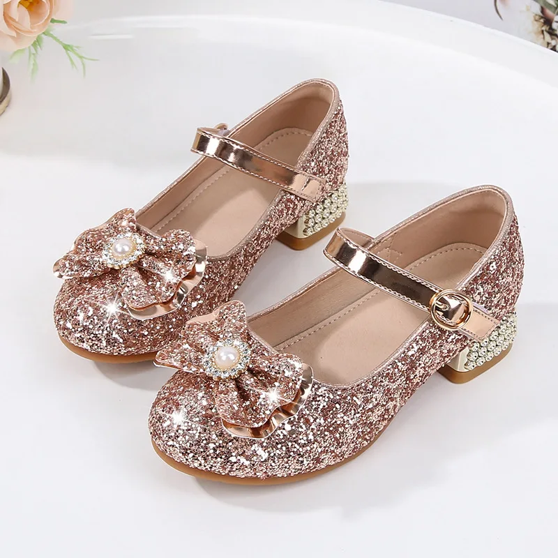 

2023 Children Princess Shoes for Party Wedding Shows Low Heels Sequined Girls Crystal Shoes Four Seasons Elegant Kids Shoes Chic