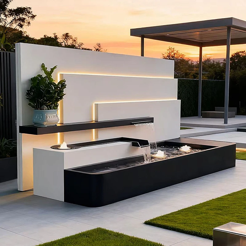 HT Customized stainless steel flowing water background wall, villa courtyard finished flower box, flowing water landscape wall