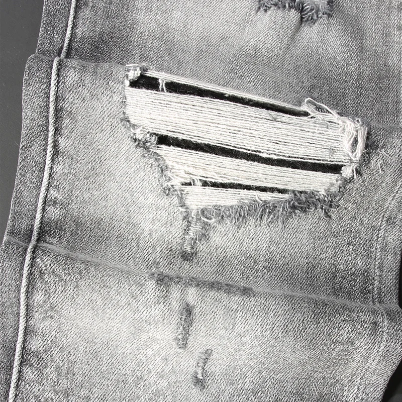 Street Fashion Designer Men Jeans Retro Washed Gray Stretch Skinny Fit Patched Ripped Jeans Men Brand Hip Hop Denim Pants Hombre