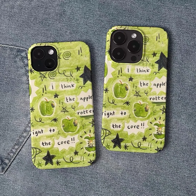 

Ins Korean Green Apple Graffiti Case for IPHONE 17 16 ProMax 15 14 Plus 13 12 MINI 11 PRO 16Plus XR XS MAX Acrylic Phone Cover
