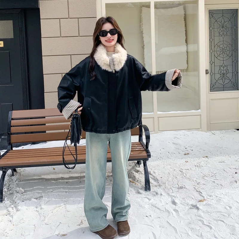 Furs femmes agneau polaire Patchwork blanc canard vers le bas doublé en cuir nouveaux vêtements d'extérieur veste en cuir PU hiver épaissi chaud vers le bas manteau