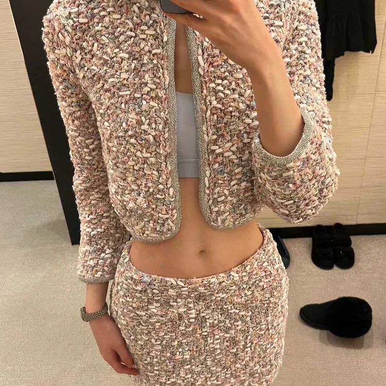 

New autumn and winter rhinestone button round neck knitted cardigan jacket+skirt