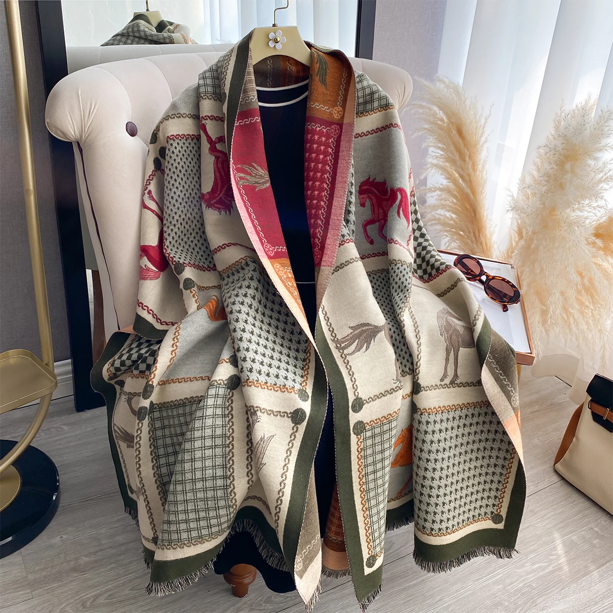 Neue Luxus Marke Zweiseitige Jacquard Schal Kaschmir Weiche Warme Fringe Pashmina Das Pferd Schal Winter Kältebeständig Winddicht Decke – Detail 17