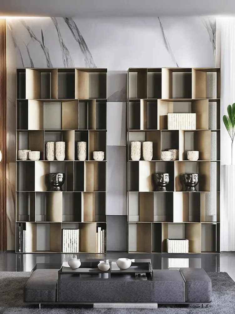 

Minimalist bookshelf Floor-to-ceiling light luxury metal display stand Solid steel plate cabinet Multi-layer villa bookcase Desi