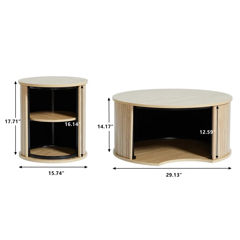 Round Coffee Table Sets 2 Pieces, Wood Fluted Coffee Table with Storage, Natural Decor Style：Modern Cleverly Designed