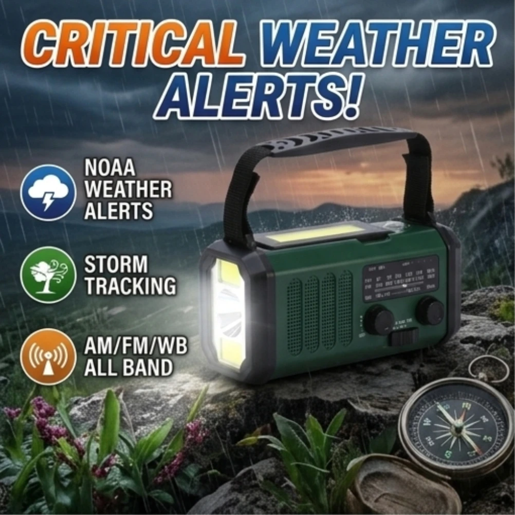 Portable Emergency Radio Solar Hand Crank Self-Powered AM FM WB NOAA Weather Radio with Reading Light Compass SOS for Survival