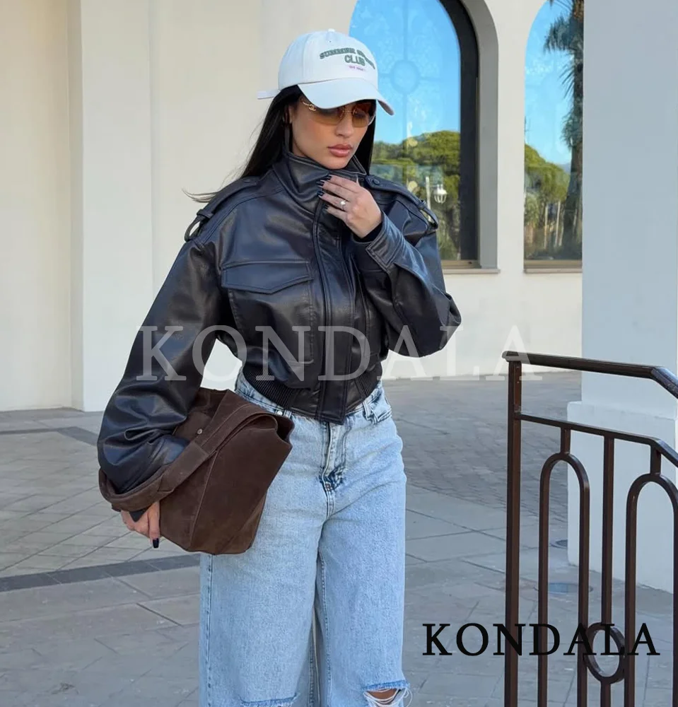 

KONDALA женская куртка-стойка из искусственной кожи осень-зима High Street 2025 модная куртка на молнии женская минималистичная короткая куртка-бомбер