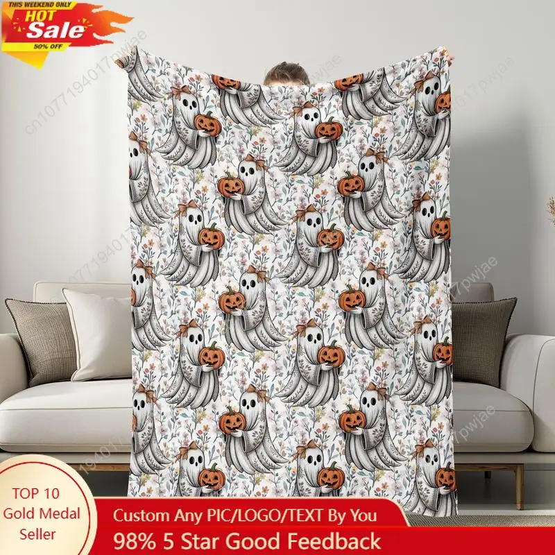 

Halloween Cute Ghost Pumpkin Flannel Blanket Soft Skin-Friendly Fabric Cozy Bedroom Decor Perfect for Holiday Custom blankets