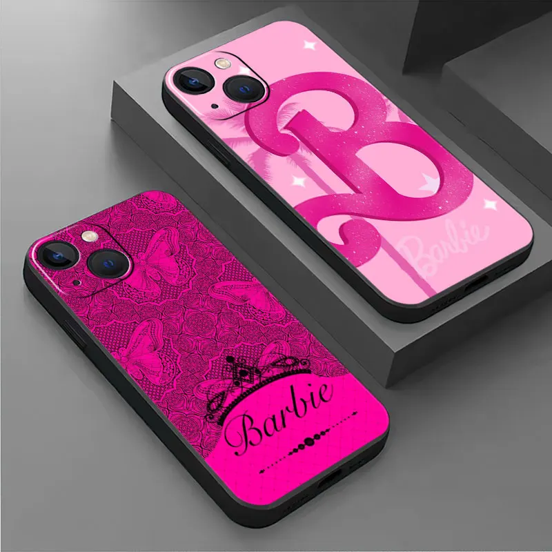 Black Case For iPhone 14 15 Pro Max 13 XR SE 2020 12 Mini 6 6S X XS 11 Pro 7 8 Plus Soft Phone Cover B-Barbie Hot Pink