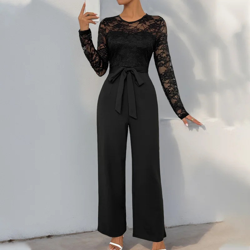 

Bla Lace Patchwork Zipper Belt Pure Color Loose High-End Jumpsuit Polyester Fiber High Waist Long Pants Women's Faion