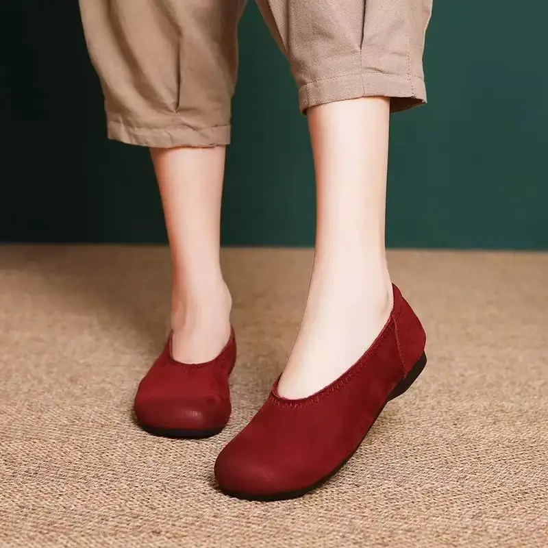 Careaymade-Genuine Leather women\'s shoes retro round toe casual one foot shallow mouth flat single shoes women grandma shoes
