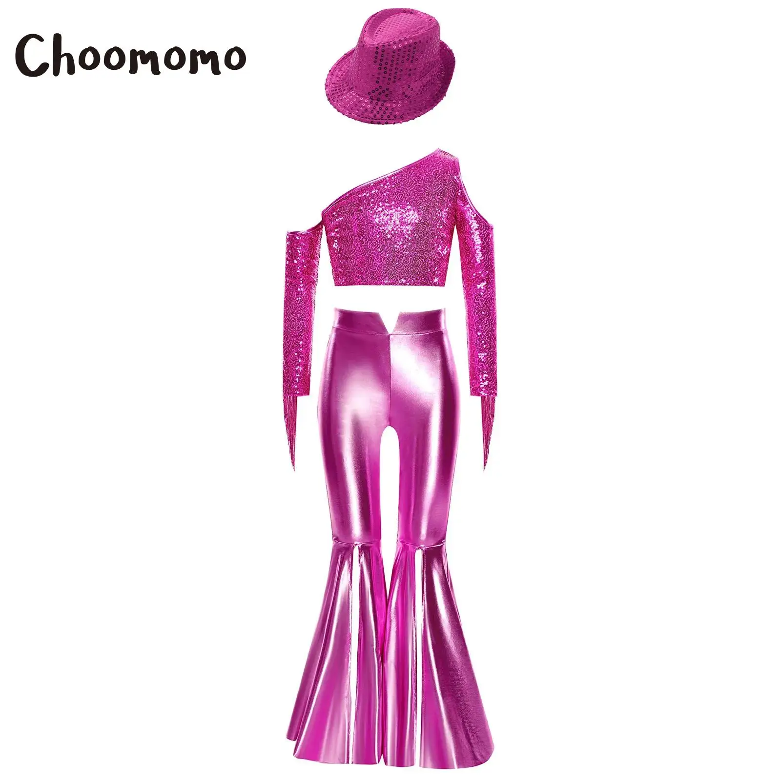 

Girls Metallic 70S Disco Hippie Costume Pageant Set One Shoulder Sequin Crop Top And Split Bell-Bottom Pants +Hat Jazz Dancewear