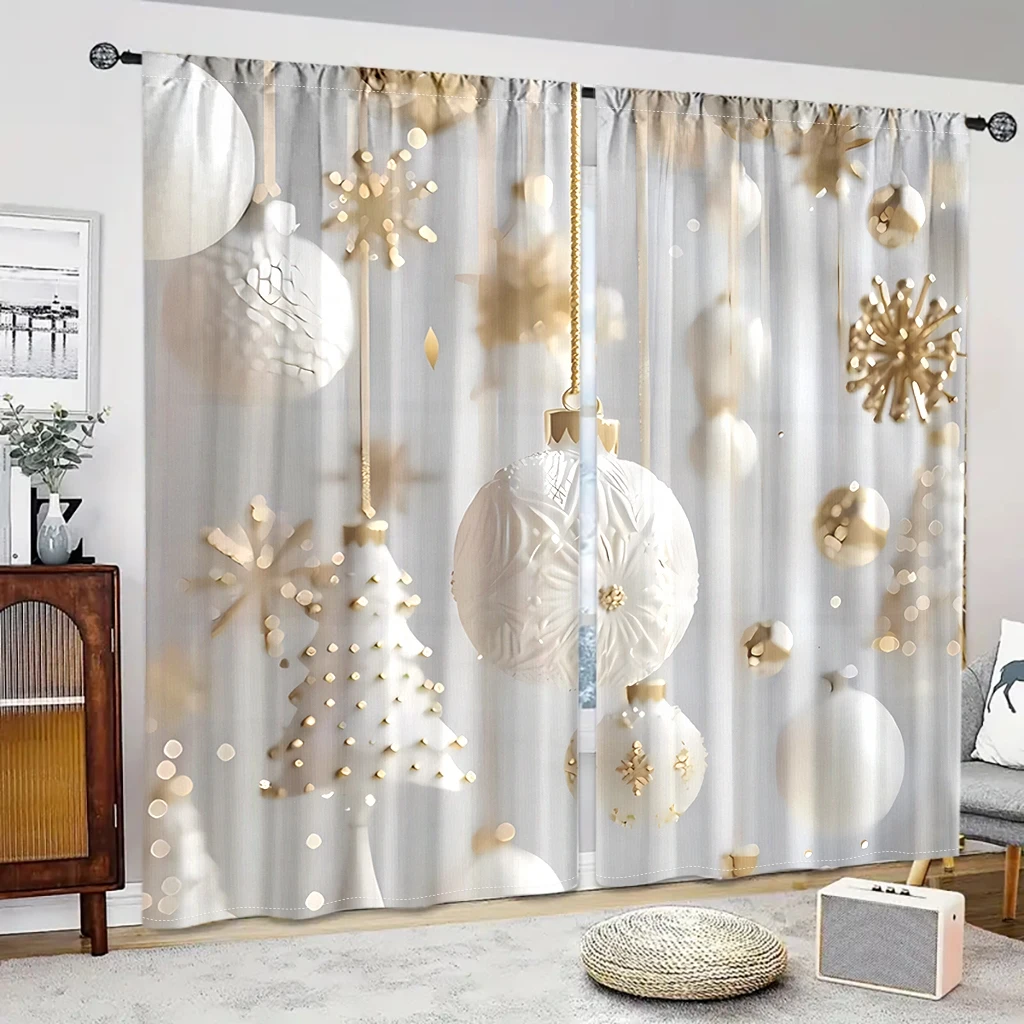 2pcs Set Festive Ball Christmas Curtains Soft Velvet Fabric Digital Printed with Rod Pocket Design curtains for Living Room