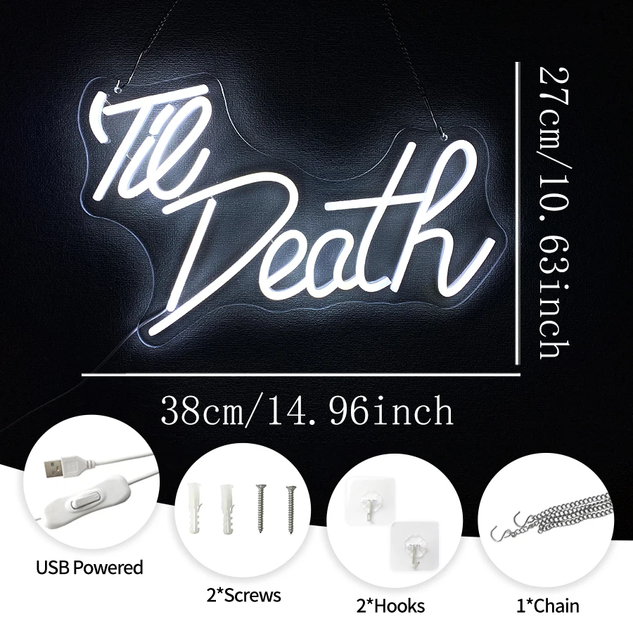 Til Death Neon Sign, USB‑Powered Warm‑White LED Wall Light for Wedding, Engagement, Bridal Shower Backdrop Bedroom Newlywed Gift