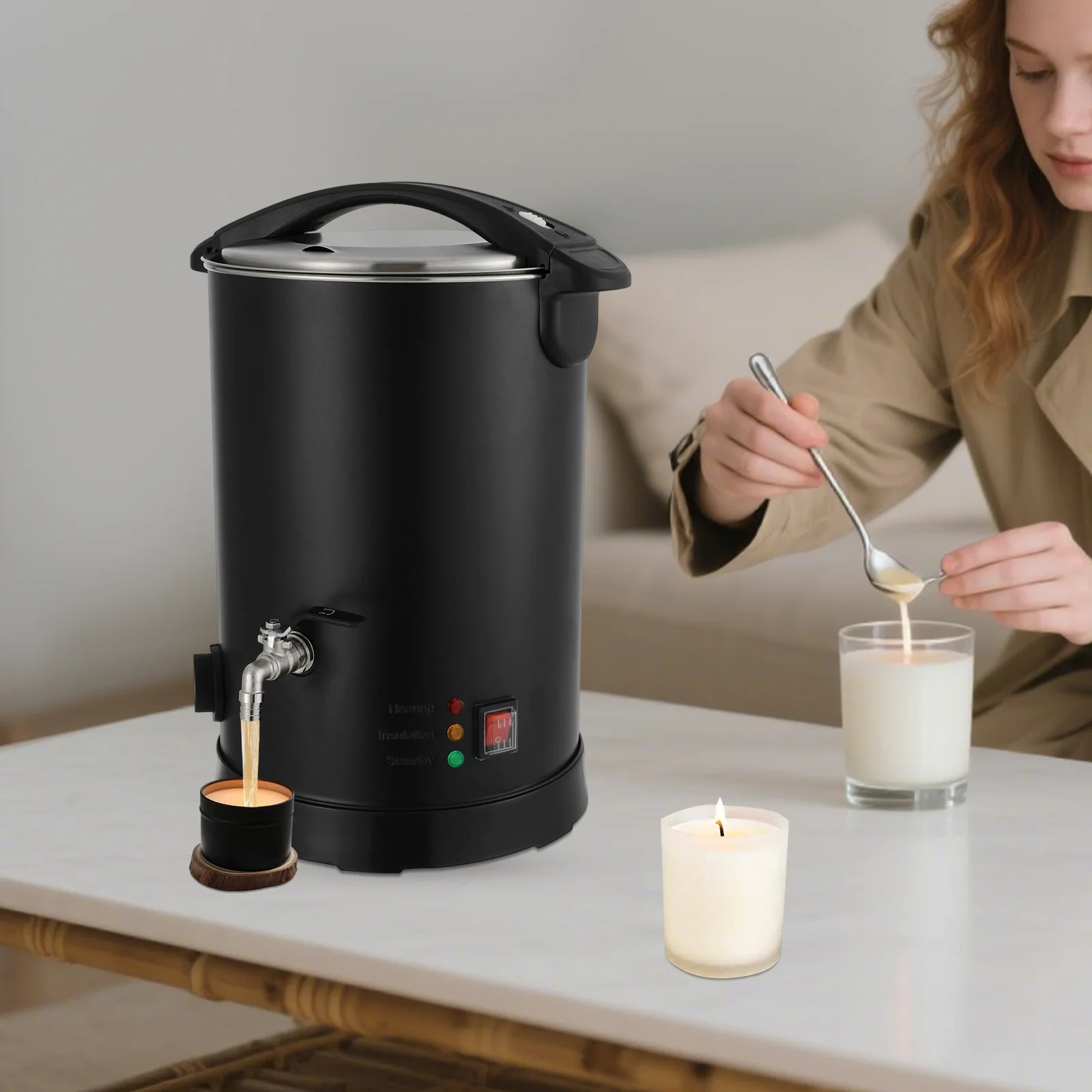 Olla eléctrica para derretir cera, fundidor de cera de acero inoxidable, temperatura ajustable, para jabones, bálsamos labiales, fabricación de velas (10 L, negro)